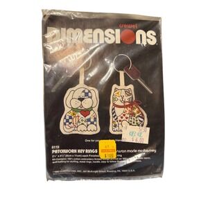 Vintage 1983 Dimensions Crewel Patchwork Key Rings Kit 6119 Dog Cat McChesney